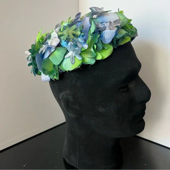 Elegant Vintage Modern Miss Blue Green Floral Pillbox Hat - Picture 2 of 12